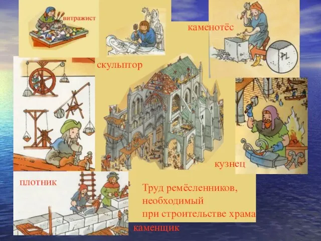 Труд ремёсленников, необходимый при строительстве храма скульптор каменотёс плотник каменщик кузнец