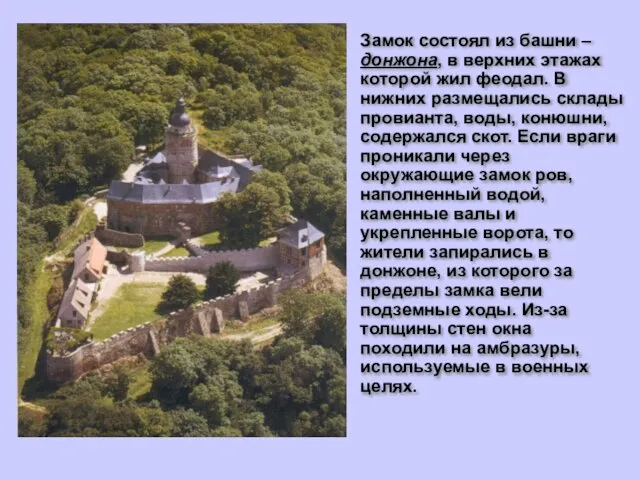 Замок состоял из башни – донжона, в верхних этажах которой жил феодал.