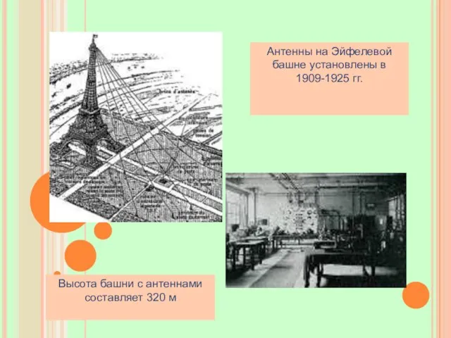 Антенны на Эйфелевой башне установлены в 1909-1925 гг. Высота башни с антеннами составляет 320 м