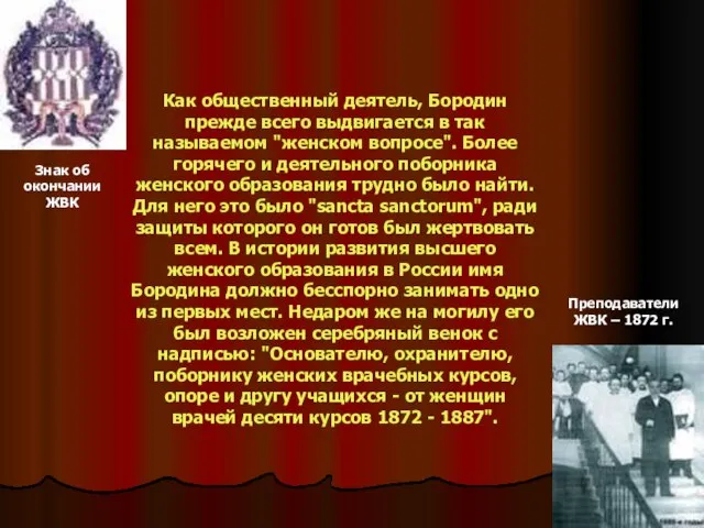 Как общественный деятель, Бородин прежде всего выдвигается в так называемом "женском вопросе".