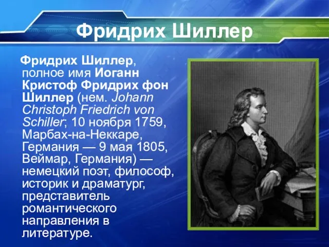 Фридрих Шиллер Фридрих Шиллер, полное имя Иоганн Кристоф Фридрих фон Шиллер (нем.