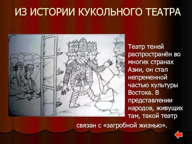 ИЗ ИСТОРИИ КУКОЛЬНОГО ТЕАТРА Театр теней распространён во многих странах Азии, он