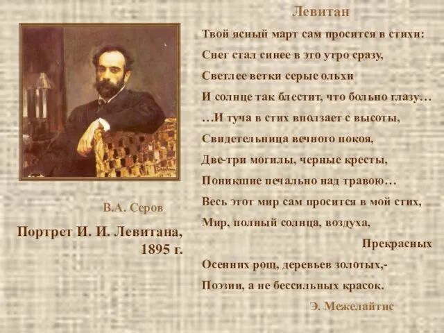 В.А. Серов Портрет И. И. Левитана, 1895 г. Левитан Твой ясный март