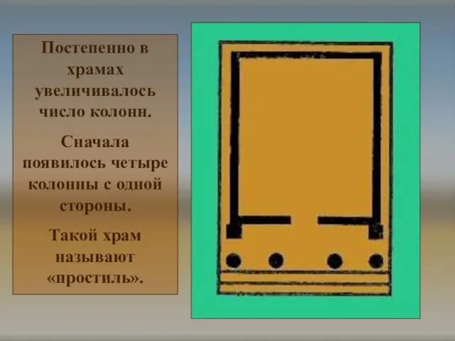 Постепенно в храмах увеличивалось число колонн. Сначала появилось четыре колонны с одной