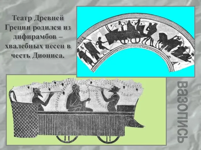 Театр Древней Греции родился из дифирамбов –хвалебных песен в честь Диониса.