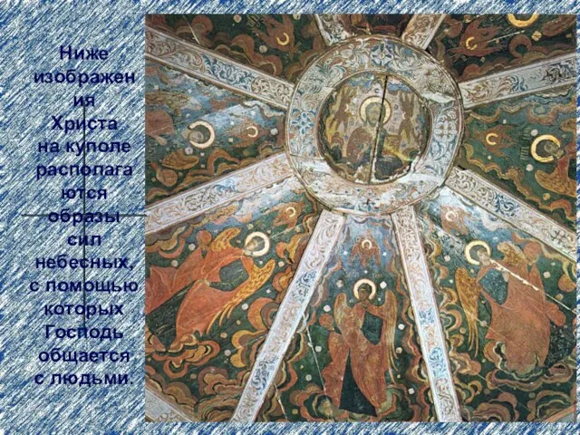 Ниже изображения Христа на куполе располагаются образы сил небесных, с помощью которых Господь общается с людьми.