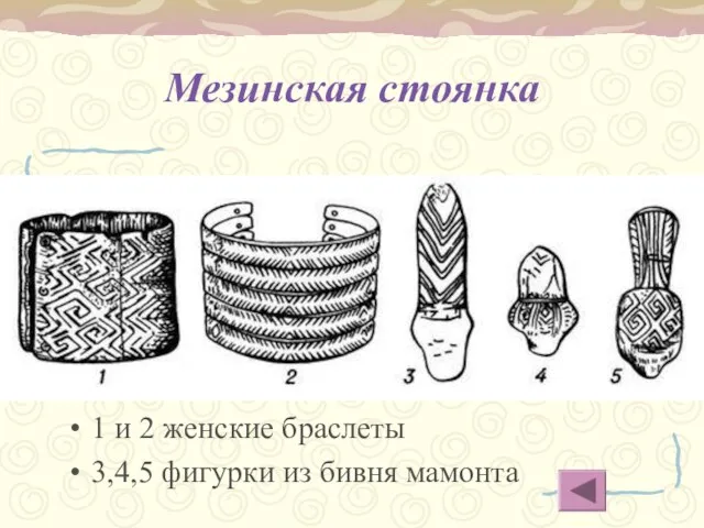 Мезинская стоянка 1 и 2 женские браслеты 3,4,5 фигурки из бивня мамонта