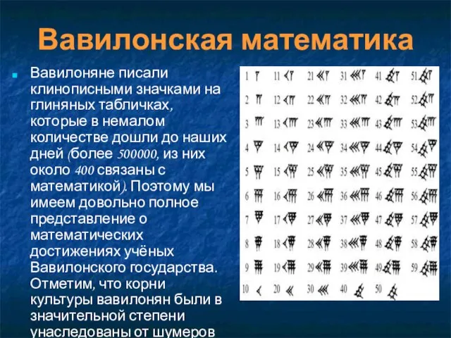Вавилонская математика Вавилоняне писали клинописными значками на глиняных табличках, которые в немалом