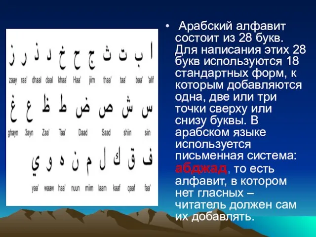 Арабский алфавит состоит из 28 букв. Для написания этих 28 букв используются