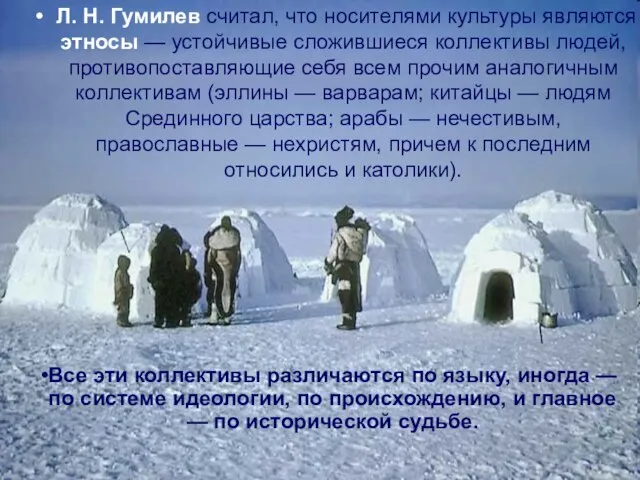 Л. Н. Гумилев считал, что носителями культуры являются этносы — устойчивые сложившиеся