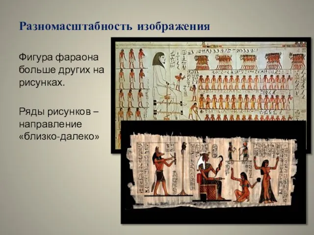 Разномасштабность изображения Фигура фараона больше других на рисунках. Ряды рисунков – направление «близко-далеко»