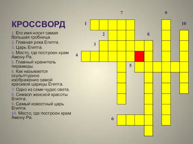 Кроссворд 1. Его имя носит самая большая гробница. 2. Главная река Египта.