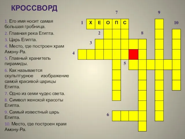 Кроссворд 1. Его имя носит самая большая гробница. 2. Главная река Египта.