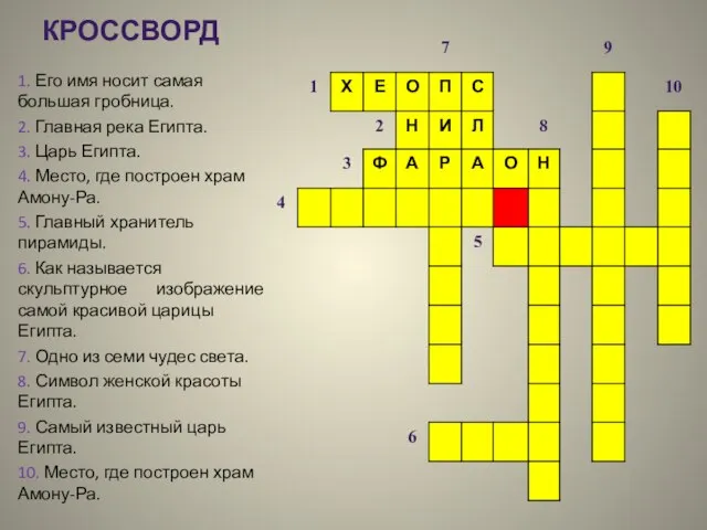 Кроссворд 1. Его имя носит самая большая гробница. 2. Главная река Египта.