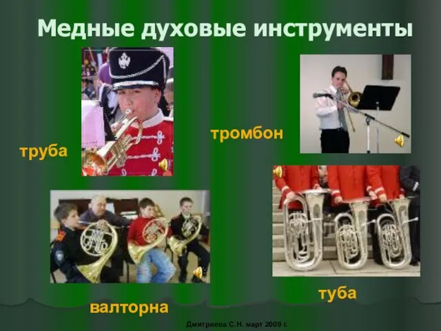 Медные духовые инструменты труба тромбон валторна туба Дмитриева С.Н. март 2009 г.