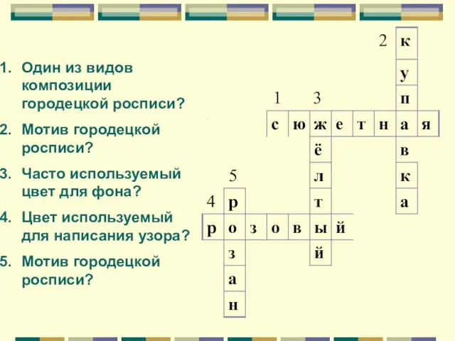 Один из видов композиции городецкой росписи? Мотив городецкой росписи? Часто используемый цвет