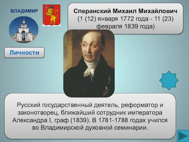 Владимир Личности Сперанский Михаил Михайлович(1 (12) января 1772 года - 11 (23)