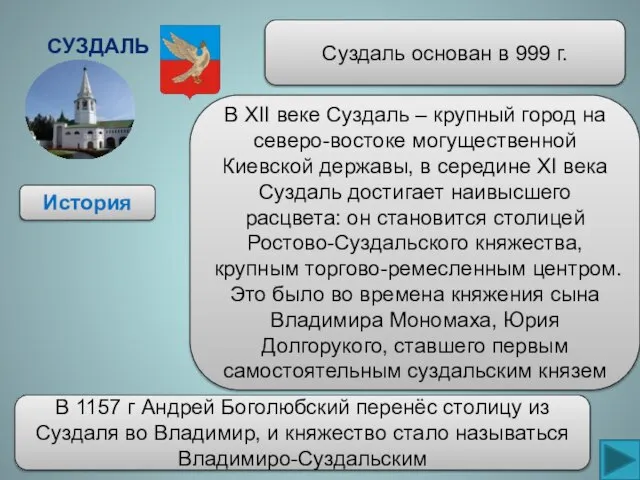 Суздаль История Суздаль основан в 999 г. В XII веке Суздаль –