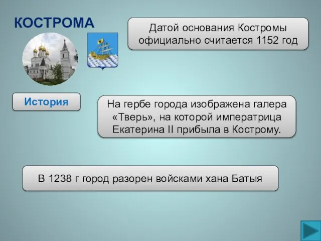 Кострома История На гербе города изображена галера «Тверь», на которой императрица Екатерина