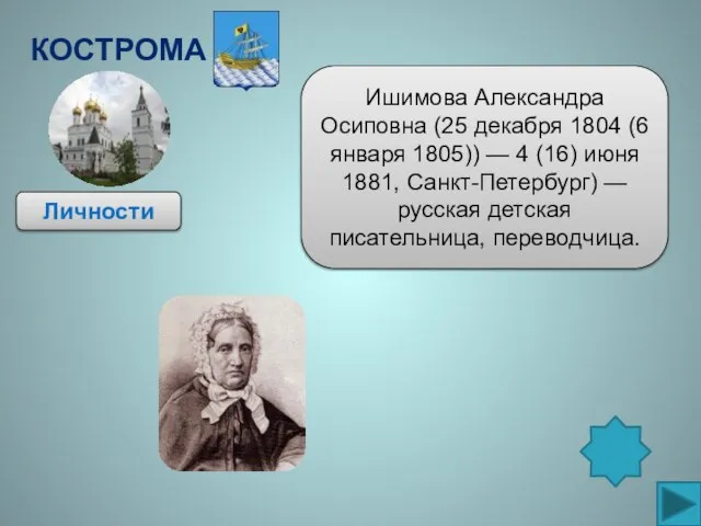 Кострома Личности Ишимова Александра Осиповна (25 декабря 1804 (6 января 1805)) —