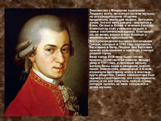 Знакомство с Моцартом позволило Людвигу взять несколько уроков музыки, но это плодотворное