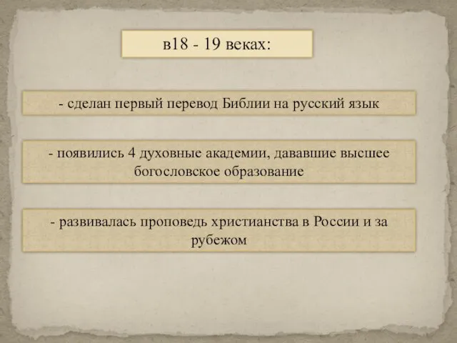в18 - 19 веках: - сделан первый перевод Библии на русский язык