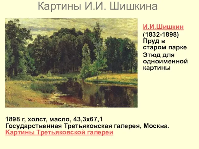 Картины И.И. Шишкина 1898 г, холст, масло, 43,3x67,1 Государственная Третьяковская галерея, Москва.