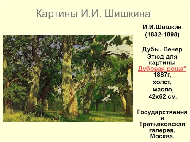 Картины И.И. Шишкина И.И.Шишкин (1832-1898) Дубы. Вечер Этюд для картины Дубовая роща"