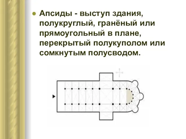 Апсиды - выступ здания, полукруглый, гранёный или прямоугольный в плане, перекрытый полукуполом или сомкнутым полусводом.