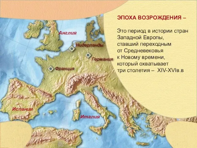 Италия Испания Англия ЭПОХА ВОЗРОЖДЕНИЯ – Это период в истории стран Западной