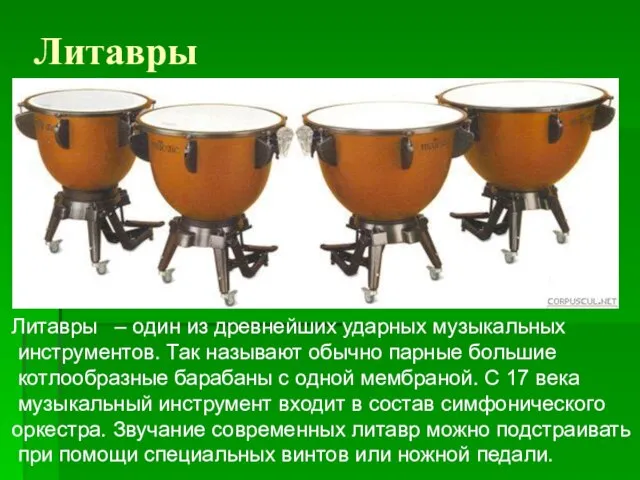 Литавры Литавры – один из древнейших ударных музыкальных инструментов. Так называют обычно