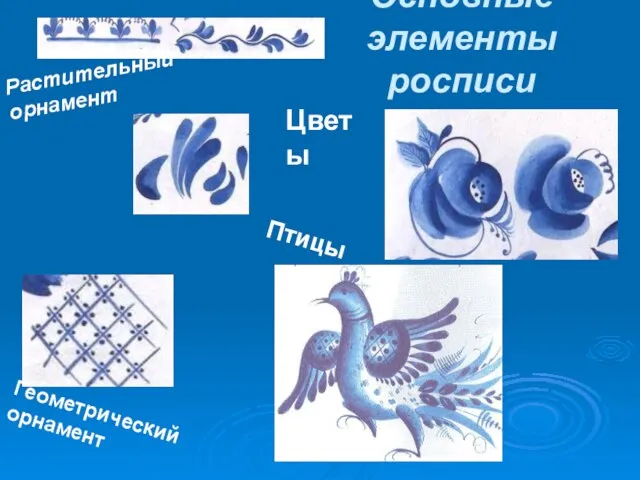 Основные элементы росписи Растительный орнамент Геометрический орнамент Птицы Цветы