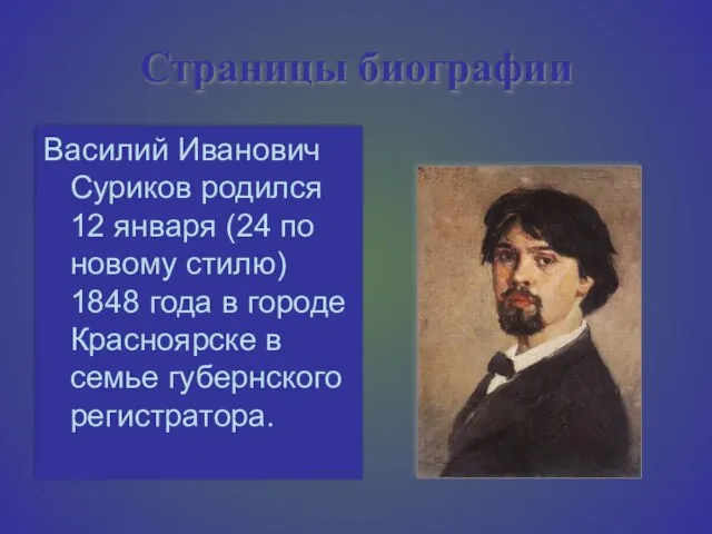 Страницы биографии Василий Иванович Суриков родился 12 января (24 по новому стилю)