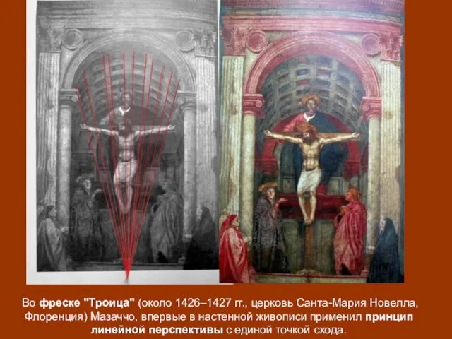 Во фреске "Троица" (около 1426–1427 гг., церковь Санта-Мария Новелла, Флоренция) Мазаччо, впервые
