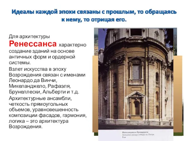 Для архитектуры Ренессанса характерно создание зданий на основе античных форм и ордерной