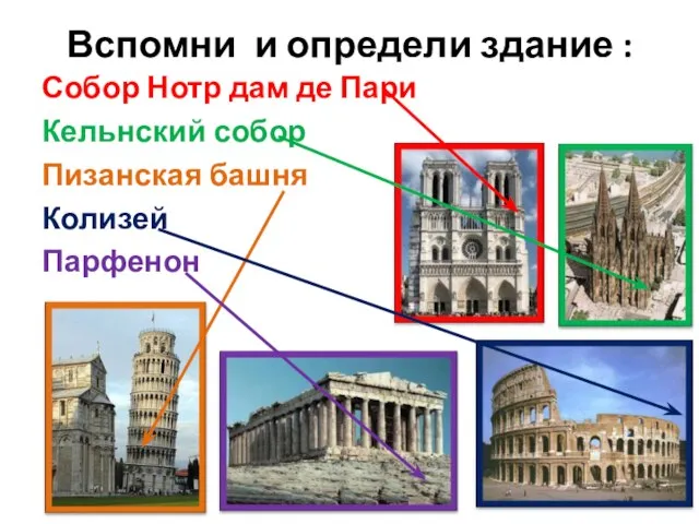 Вспомни и определи здание : Собор Нотр дам де Пари Кельнский собор Пизанская башня Колизей Парфенон