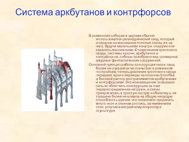 Система аркбутанов и контрфорсов В романских соборах и церквях обычно использовался цилиндрический