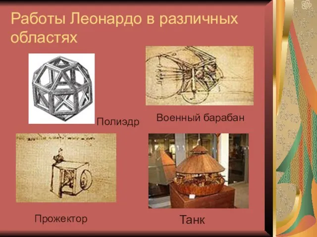 Работы Леонардо в различных областях Военный барабан Полиэдр Прожектор Танк