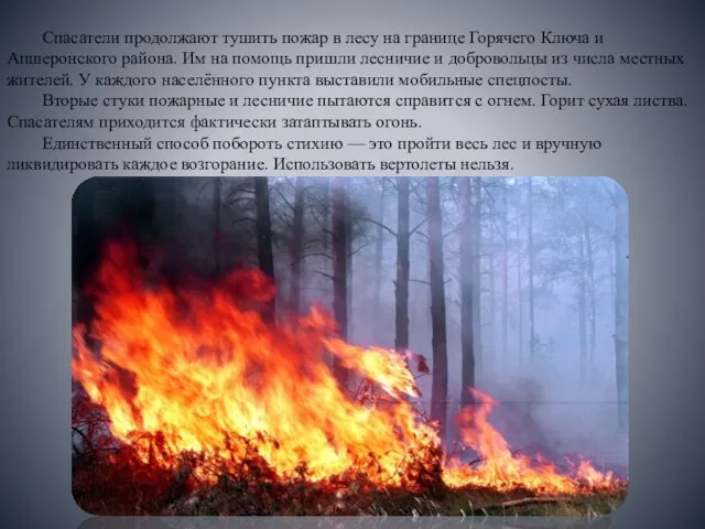 Спасатели продолжают тушить пожар в лесу на границе Горячего Ключа и Апшеронского