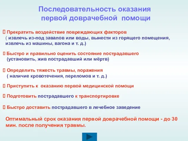 Прекратить воздействие повреждающих факторов ( извлечь из-под завалов или воды, вынести из