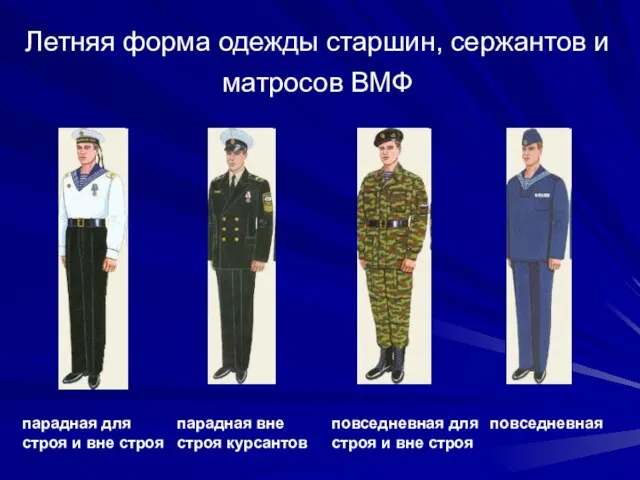 Летняя форма одежды старшин, сержантов и матросов ВМФ повседневная парадная для строя