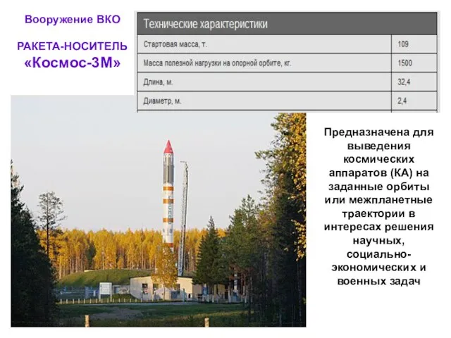 Вооружение ВКО РАКЕТА-НОСИТЕЛЬ «Космос-3М» Предназначена для выведения космических аппаратов (КА) на заданные