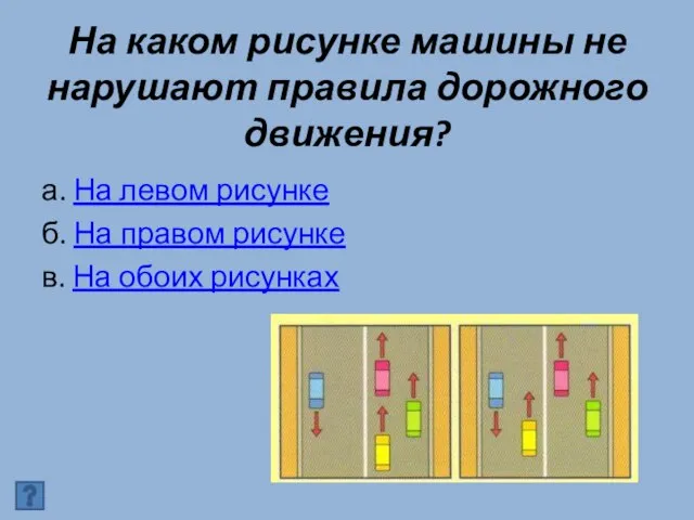 На каком рисунке машины не нарушают правила дорожного движения? а. На левом