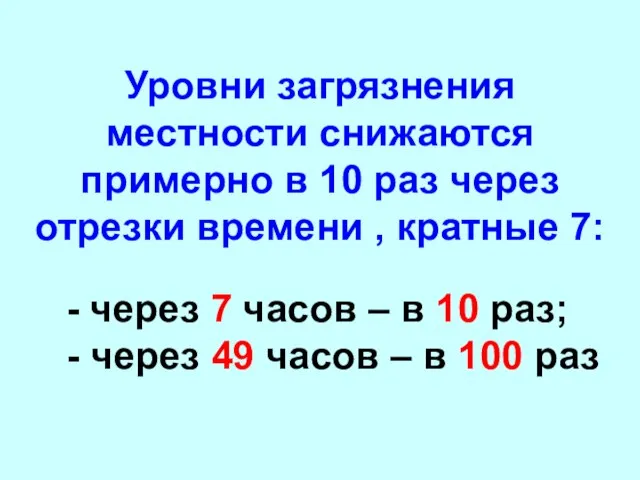 Уровни загрязнения местности снижаются примерно в 10 раз через отрезки времени ,