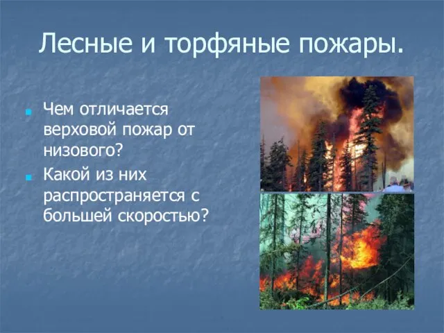 Лесные и торфяные пожары. Чем отличается верховой пожар от низового? Какой из