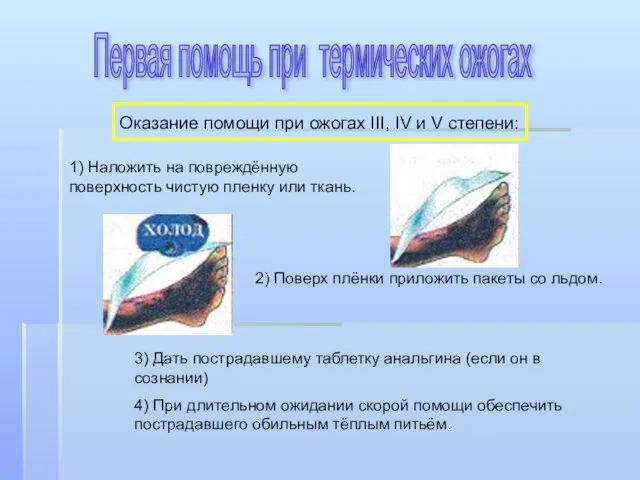 Оказание помощи при ожогах III, IV и V степени: 1) Наложить на