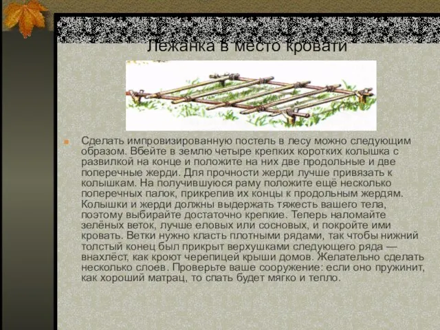 Лежанка в место кровати Сделать импровизированную постель в лесу можно следующим образом.