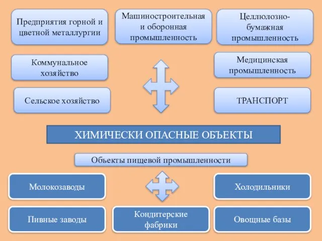 ХИМИЧЕСКИ ОПАСНЫЕ ОБЪЕКТЫ Предприятия горной и цветной металлургии Коммунальное хозяйство Сельское хозяйство