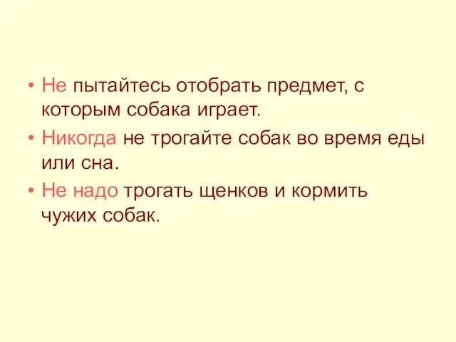 Не пытайтесь отобрать предмет, с которым собака играет. Никогда не трогайте собак