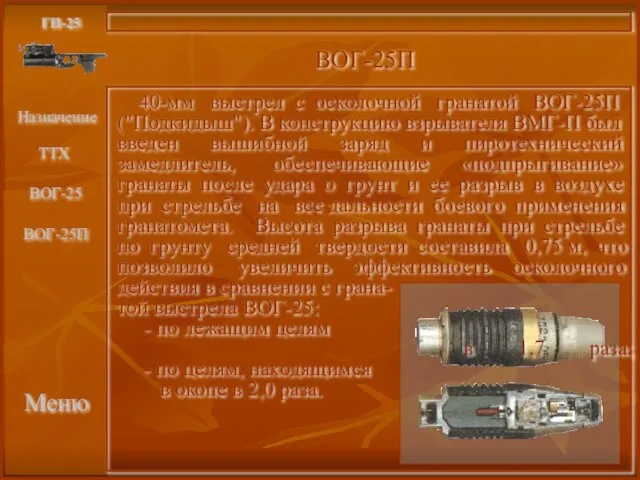 Меню ГП-25 ВОГ-25П 40-мм выстрел с осколочной гранатой ВОГ-25П ("Подкидыш"). В конструкцию
